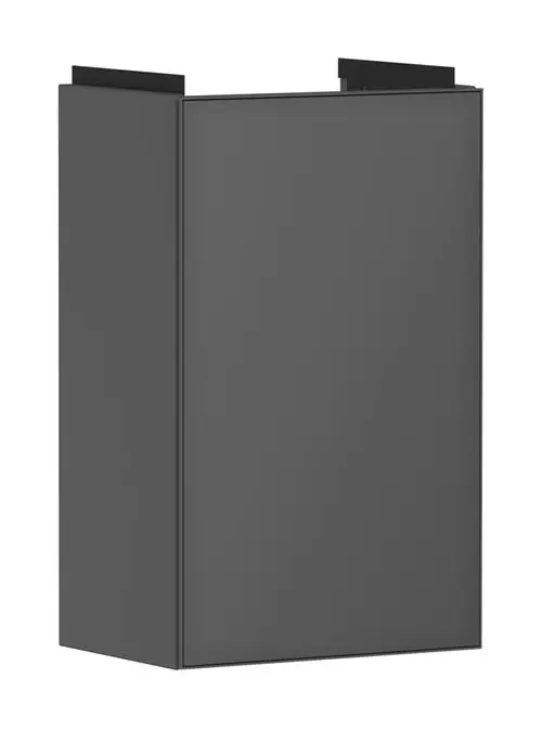 Waschtischunterschrank in mattem, schiefergrauem Finish von Hansgrohe. Mit Türen und seitlichen Montagemöglichkeiten, geeignet für Handwaschbecken.